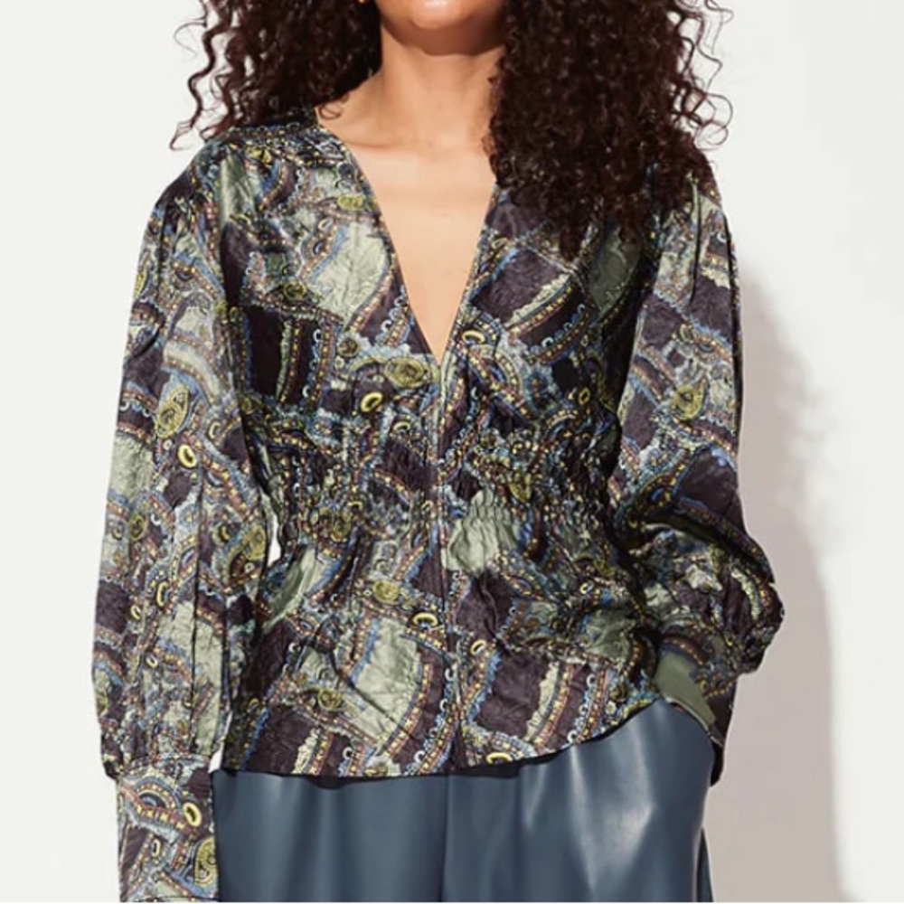 Ganni Crinkled Satin V-Neck Smock Blouse - Paisley Weave